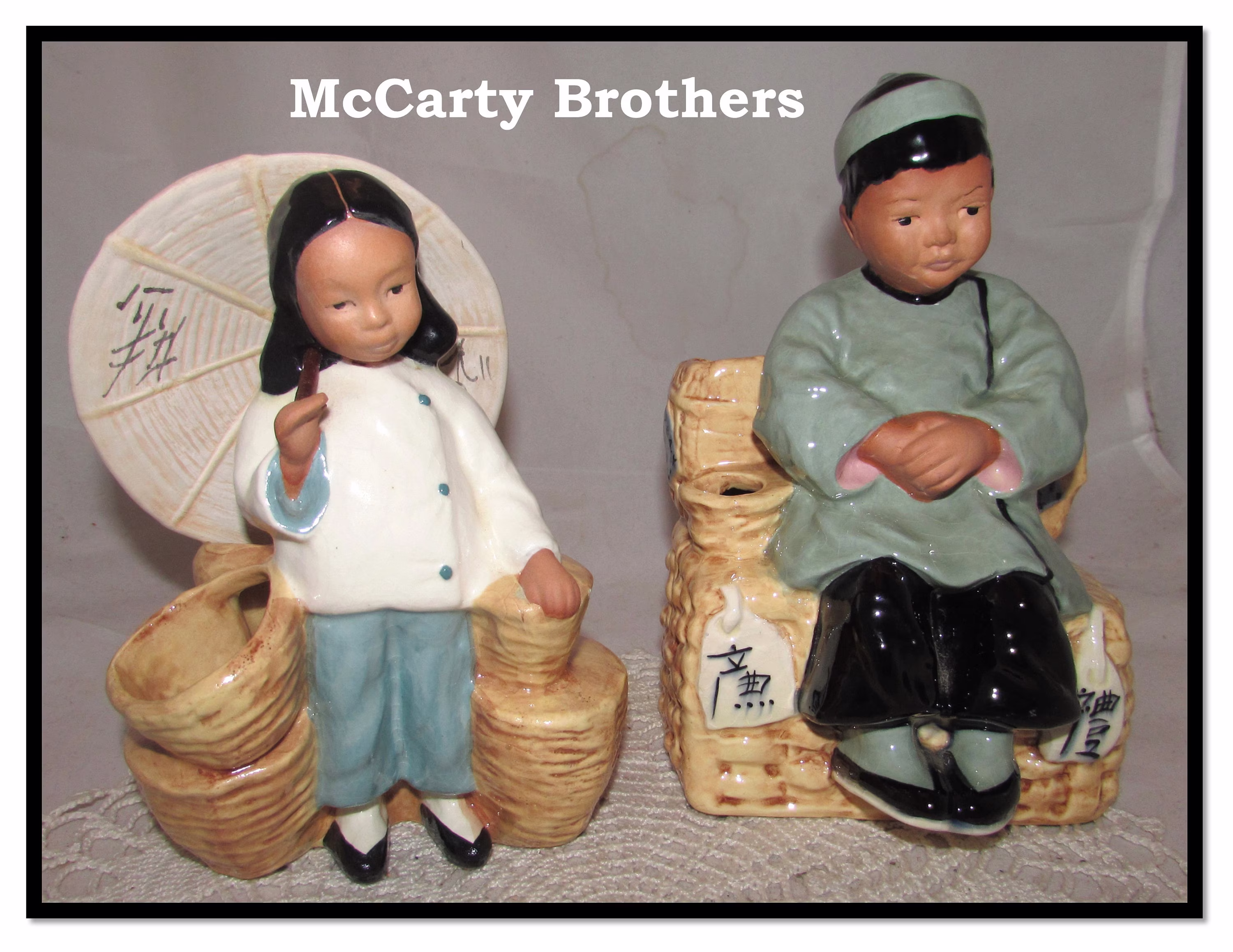Two - Vintage Mccarty Brothers California Pottery Planter Or Vases, Man On Baskets, Girl With Umbrella & Baskets