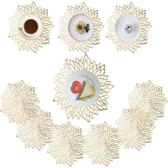 10 Piece Placemats, Non-Slip Placemats and Coaster Set, Washable Placemats, Heat-Resistant Vinyl for Kitchen Living Room Garden Wedding, Gold