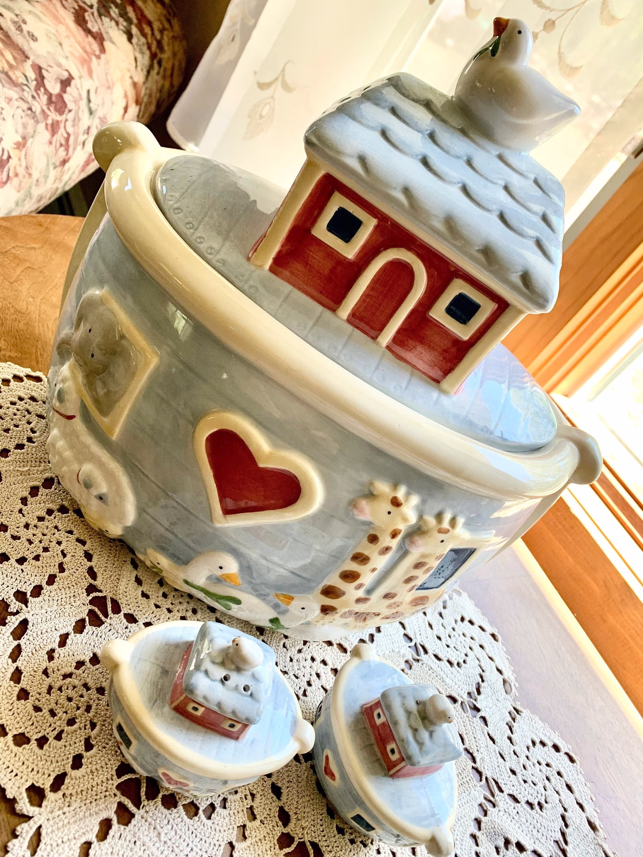 Noah's Ark Cookie Jar Shabby Chic Salt & Pepper Vintage Kitchen Set 1990's Susan Winget Collectible Eclectic Country Farm House Gift