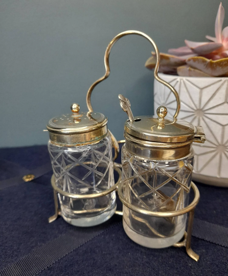 Antique Victorian Cruet Set On Metal Caddy - Salt Shaker/Mustard Pot With Spoon Epns Glass