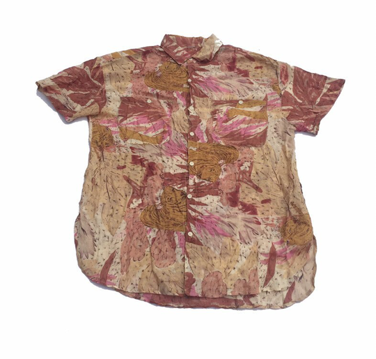 Vintage 80S Oriental Tiger Hibiscus Abstract Pattern Beige Oversized Short Sleeve Shirt Size Medium/Large