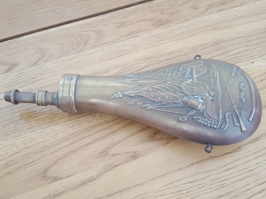 Antique Brass Powder Flask, Black Victorian Gunpowder 19Th Century, Muzzle Loading Flask