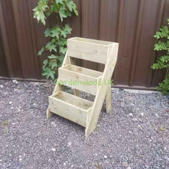 Rustic Wooden 3 Tiered Garden Herb Planter 450mm Wide. Freestanding Ladder Planter. Multi-Level Step Box Trough