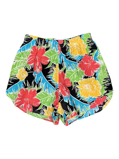 Women's Bold Hawaiian Shorts With Leaf & Hibiscus Flower Print Allover, Elastic Aged Waist - Medium