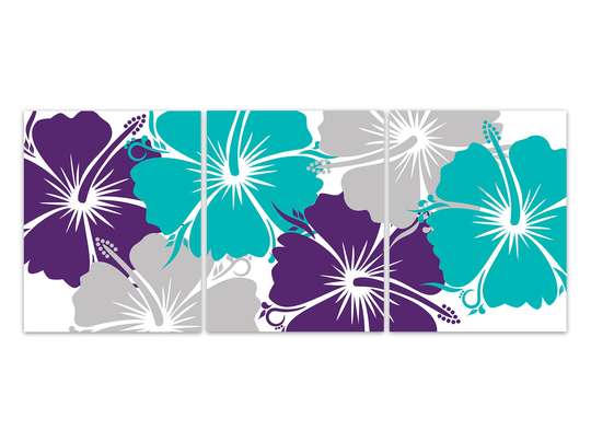 Home Decor Wall Art, Canvas Purple & Teal Hibiscus Pictures, Bathroom Decor, Turquoise Bedroom Art - Home915