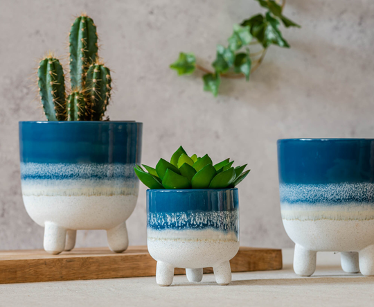 Blue Stoneware Plant Pot, Vintage Glaze, Rustic Mojave Ceramic Planter, Indoor Planter