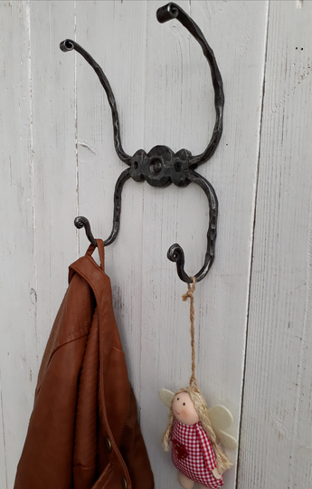 Hand Carved Cast Iron Double Hook Hanger Coat Rack, Fire Tools Organizer Rack Ideal For Small Spaces