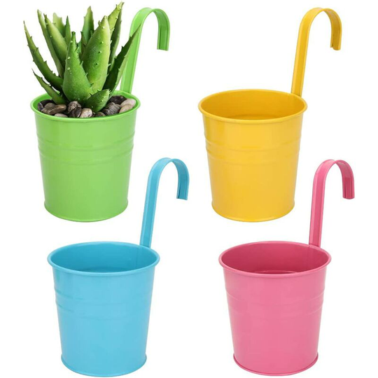 Metal Hanging Flower Pot, Outdoor Flower Pot with Drainage Hole Perfect for Garden, Balcony, Fence, Patio, Decoration 4 Pieces
