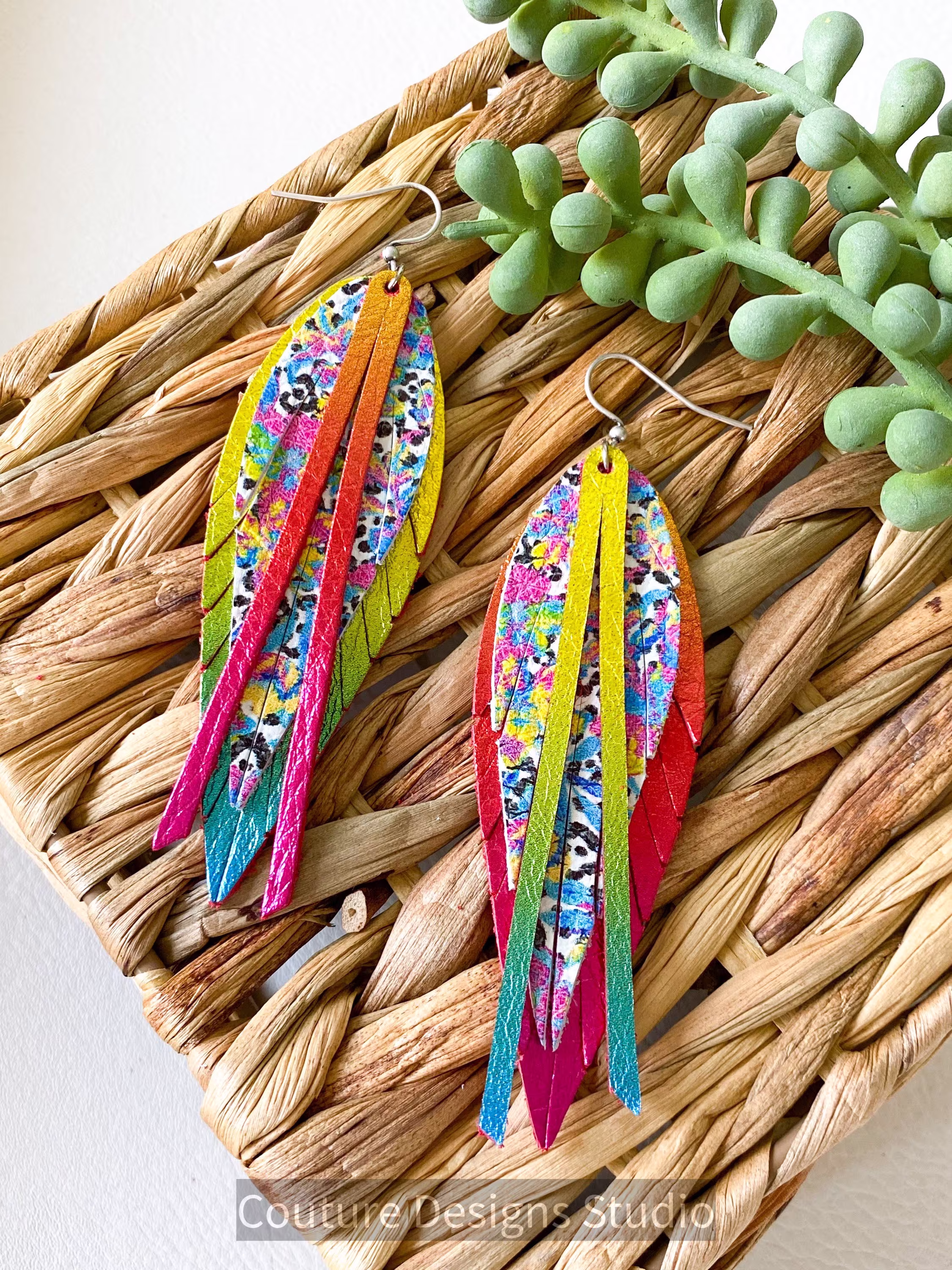 Rainbow Tie Dye Leather Feather Earrings | Leopard