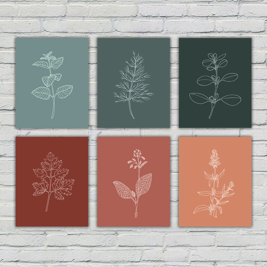 Herb Silhouettes in Earth Tones, Large Botanical Canvas Wall Art, Simple Framed Line Art Prints, Nature Illustration, Chervil Dill Marjoram