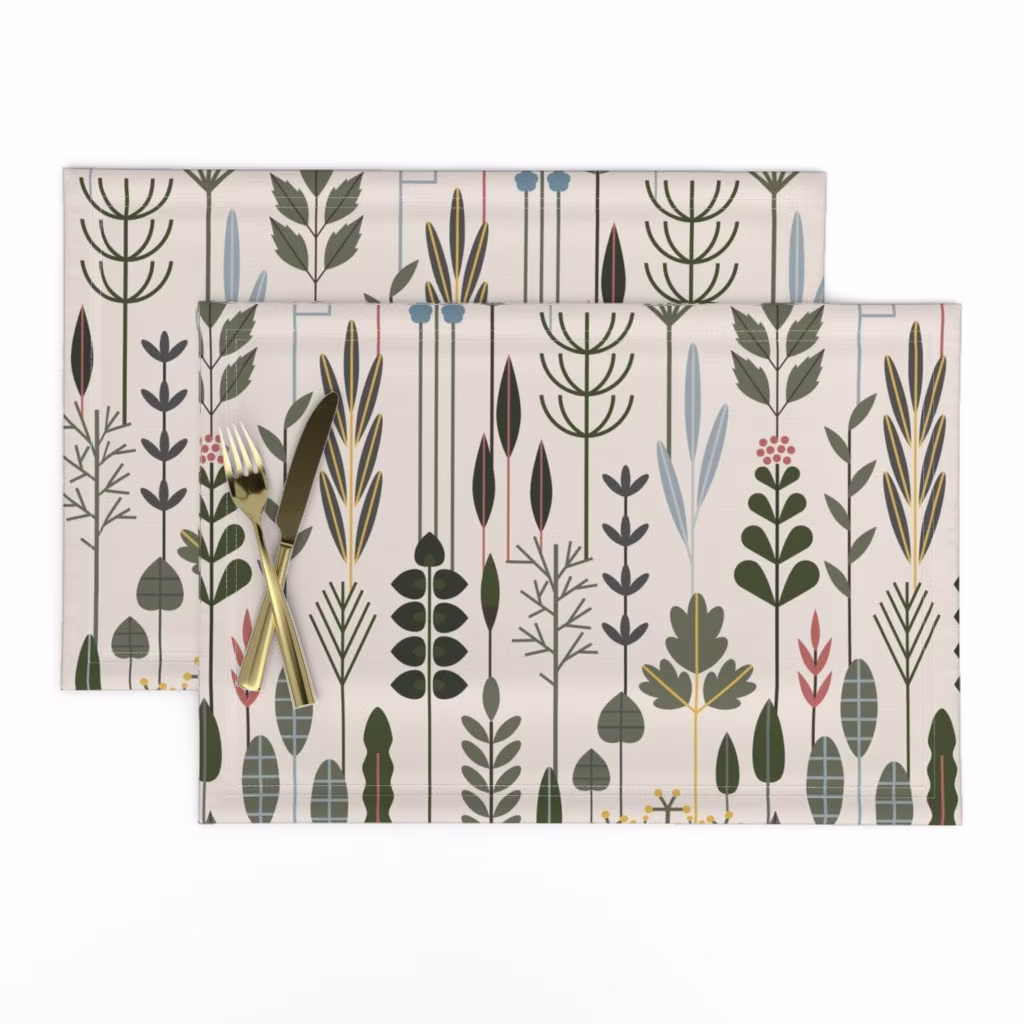 Abstract Botanical Placemats | Set Of 2 - Herb Garden By Sarahparr Geometric Neutral Earth Tone Cloth Spoonflower