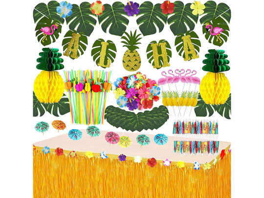 Jophmo Tropical Luau Party Decoration Pack Hawaiian Beach Theme Favors Supplies | 112 Pcs Including Banner, Table Skirt
