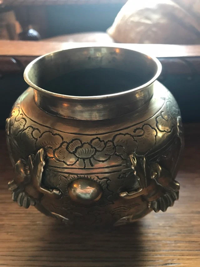 Antique Brass Signed Chinese Dragon Bowl, Jardiniere, Planter. Incense Jar
