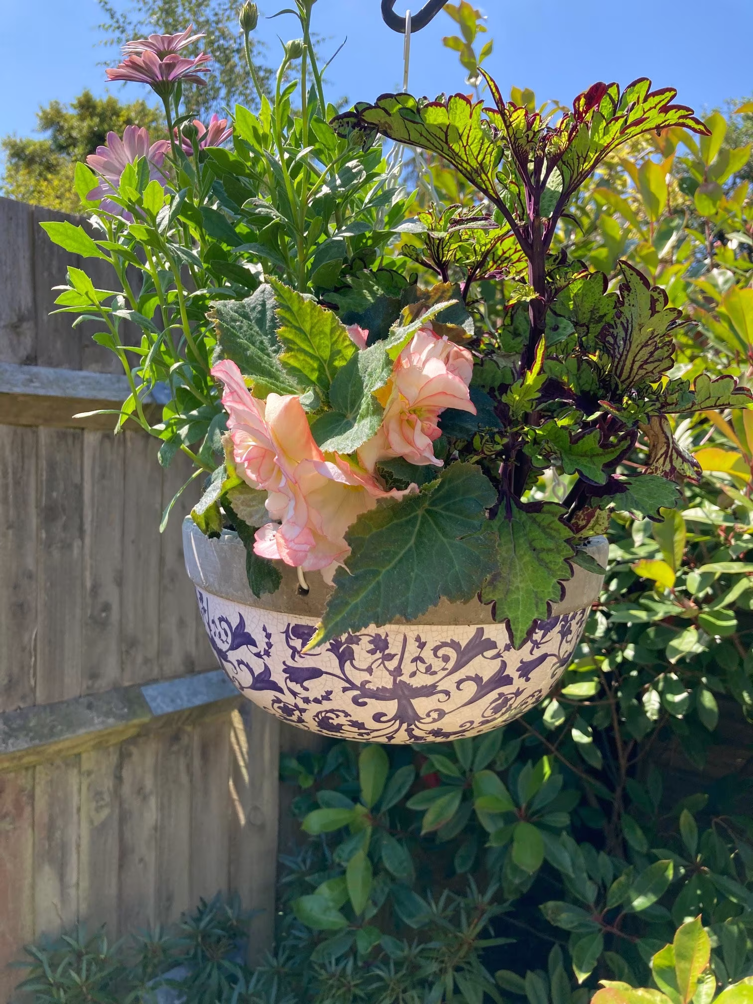 Aged Floral Ceramic Hanging Planter Blue White Pot Plant Flower Herb Garden Outdoor