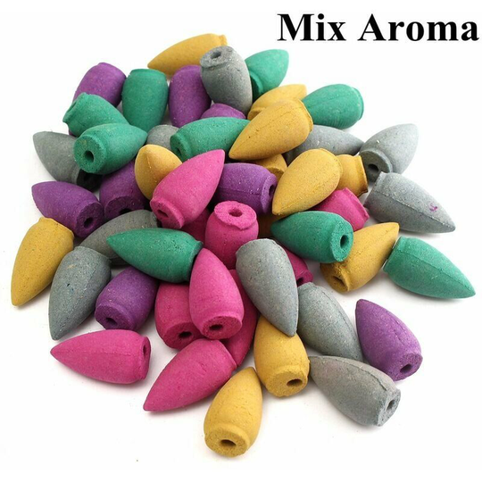 50pcs Natural Bullet Buddhism Incense Backflow Jasmine Smoke Hollow Cones Tower 10 Scent 2.8x1.1cm (Mix Aroma)