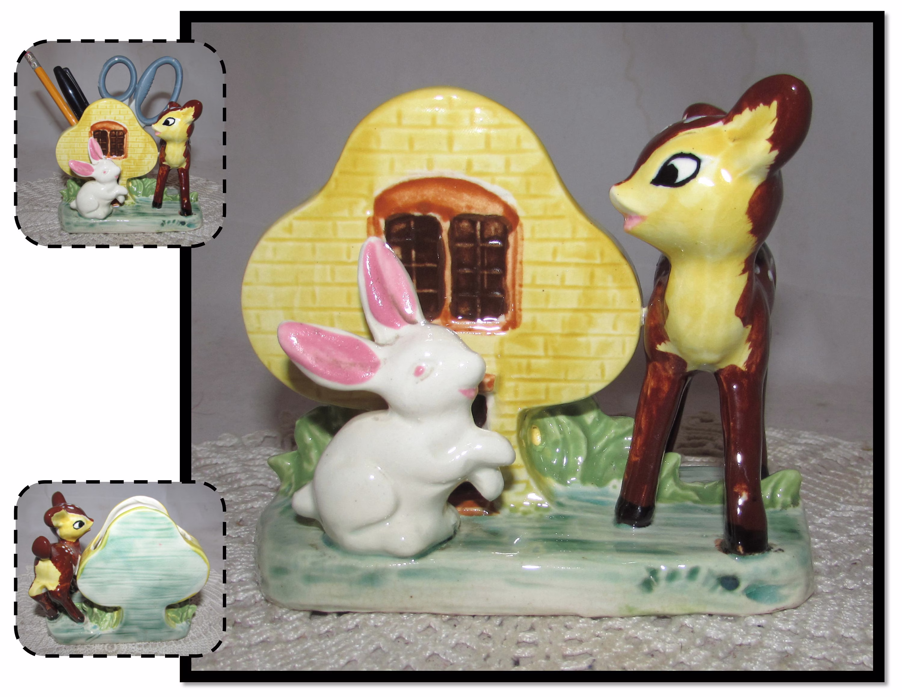 Vintage Ceramic Bambi Fawn, Bunny Rabbit, Yellow Cottage Planter, Holder