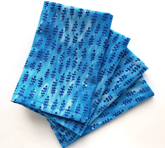 Organic Cloth Napkins - Set Of 4 Blue With Plant Design Reusable Cotton Fabric Mitered Corners 12.5 X Inches