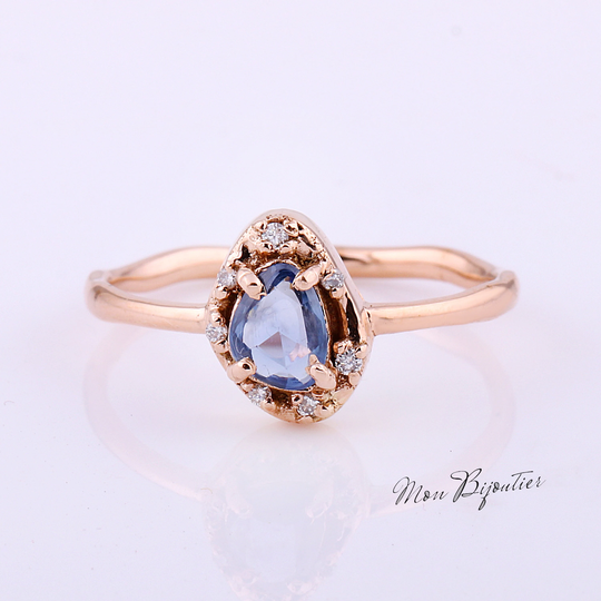 Blue Sapphire Organic Ring, Stackable Ring With & Diamonds, 14K Gold Stacker Delicate Fine Jewelry Christmas Gift