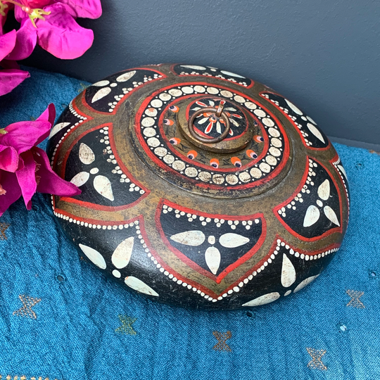 Old Hand Painted Wooden Round Tobacco Powder Box . Boho Decor
