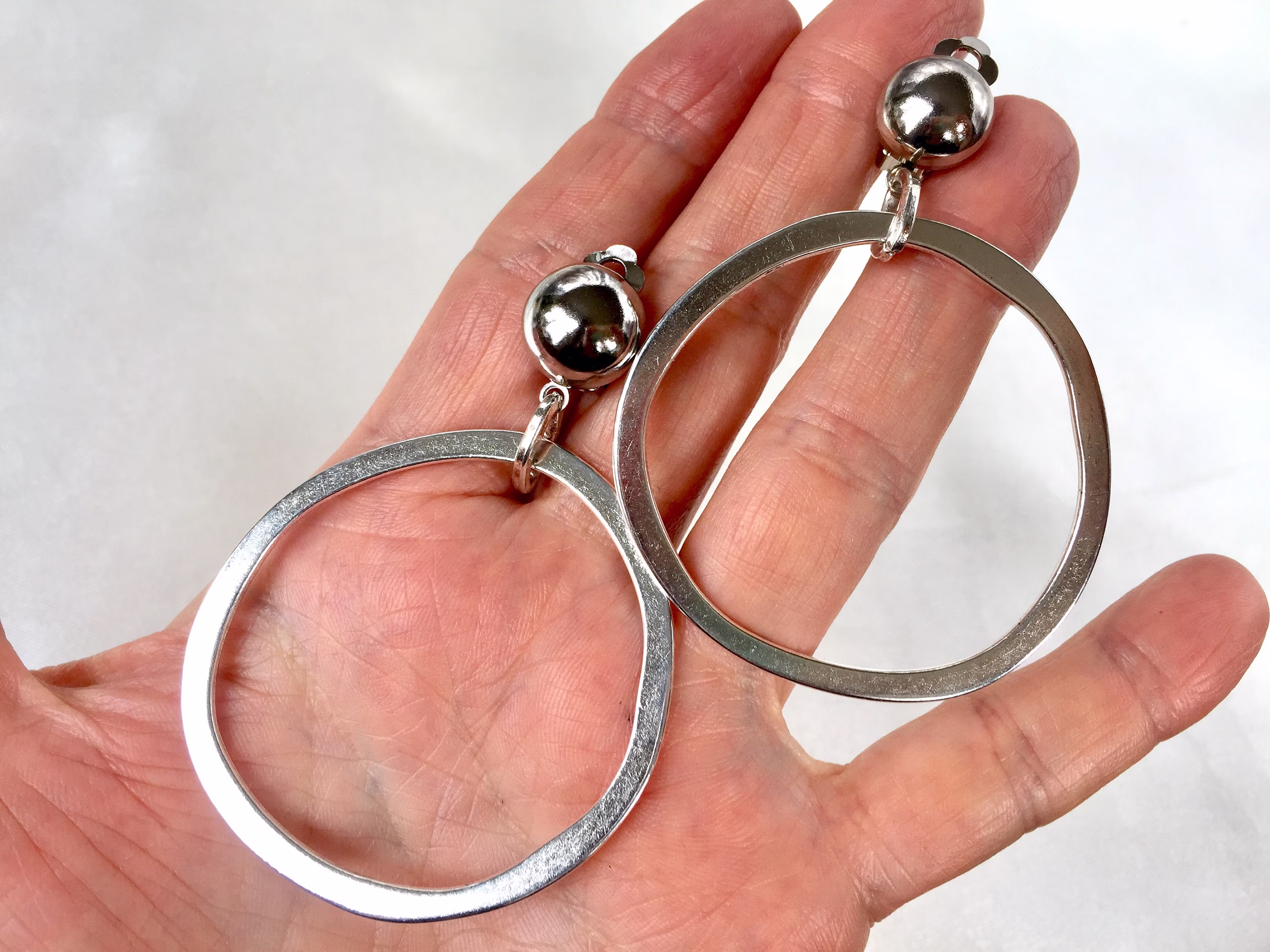 80S Extra Large Silver Flat Organic Shaped Hoops Clip On Earrings, Clip Hoop Dangles, Brushed Hoops, Statement Earrings, Nos