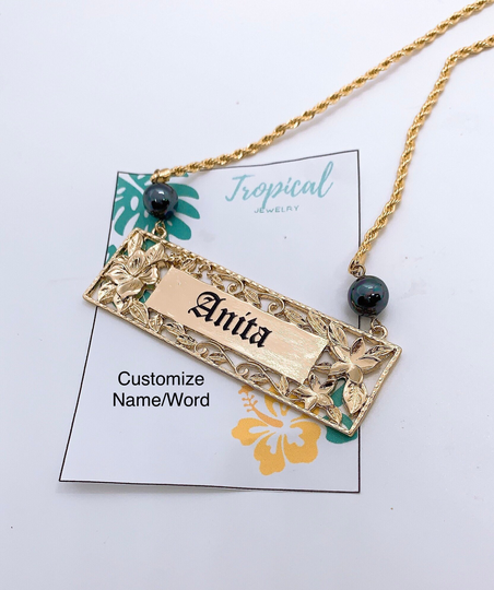 Hawaiian Customize Name Plate Necklace Hibiscus & Plumeria Flower Jewelry Personalized W/Shell Pearl 18In Chain W/3In Extension Hamilton