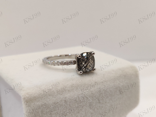 2.30Ct Salt & Pepper Cushion Diamond Engagement Wedding Ring in 935 Argentium Silver, Solitaire Accent Rings, Gift For Women, Salt And