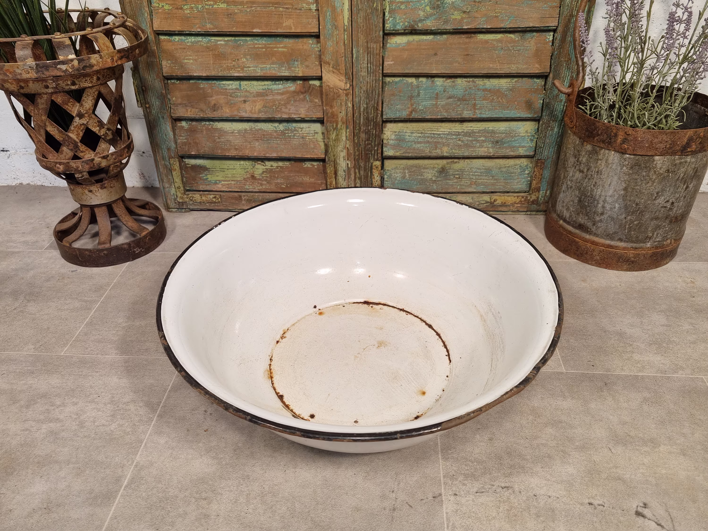 Vintage French European Large Enamel Wash Bowl Garden Planter Bird Bath