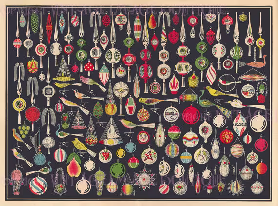 Antique 1920's Illustration Of Hand Blown Glass Christmas Tree Ornaments Season Winter Solstice Holiday 5x7 Greeting Card