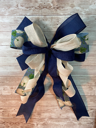 Fall Powder Blue & White Pumpkins, Rustic Navy & Natural Bow