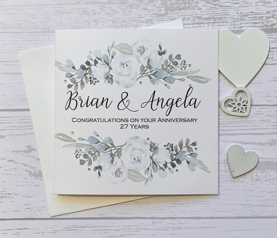 Personalised Wedding Anniversary Card With Powder Blue Flowers & Delicate Rhinestones. Congratulations. Anniversary