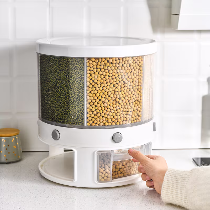 6-Grid Rotatable Food Grain Rice Storage Pantry Cabinet Basket Candy Dispenser Kitchen Labels