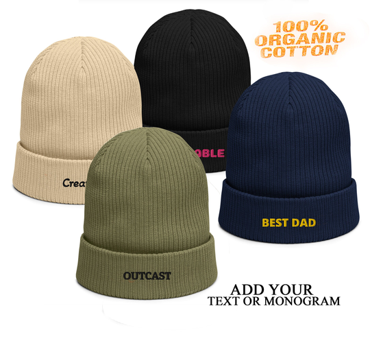 Personalized Beanie Hat, Customizable Embroidered Text Organic Beanie, Cotton Unisex Beanies, Eco Friendly Holiday Gift Idea For Teens