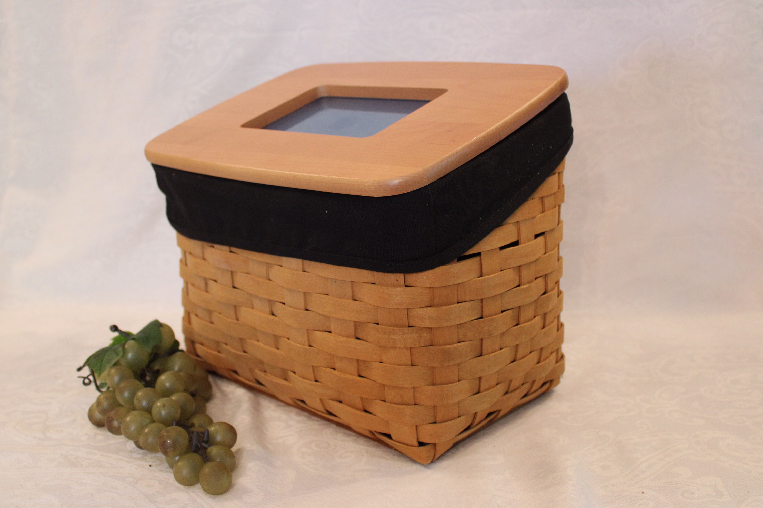 Longaberger Media Organizer Basket - Includes Black Cloth Liner, Hard Plastic Protector With Dividers, & Picture Frame Lid