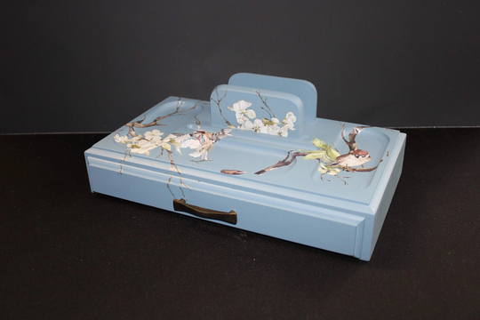Blue Desk Organizer, Jewelry Box Charging Station For Phones, Organization Phone, Wallet, & Keys, Upcycled Vintage