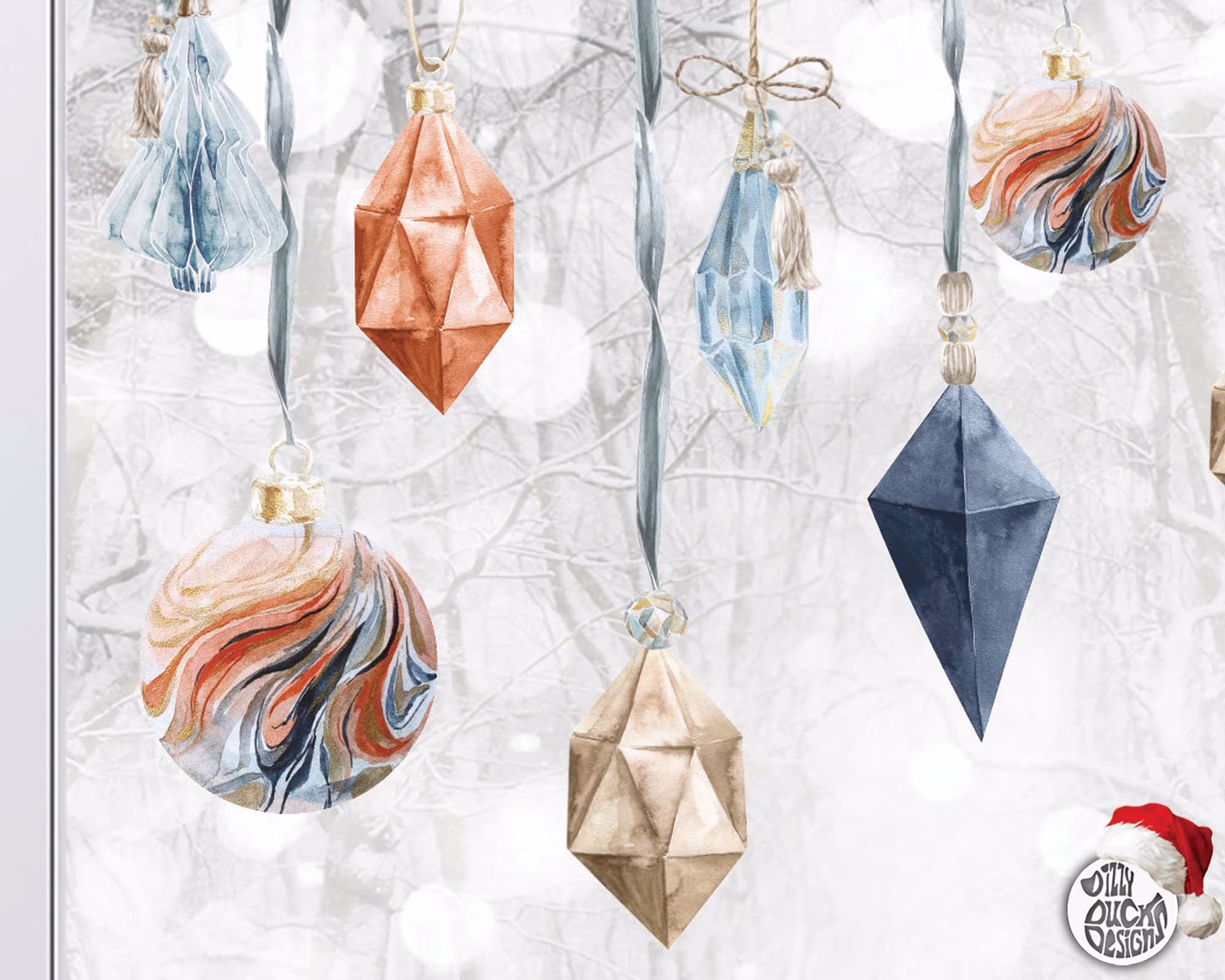 10X Boho Christmas Bauble Window Decal Clings - Red Blue Watercolour Xmas Stickers Reusable Seasonal Décor By Dizzy Duck
