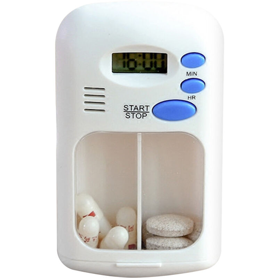 Superseller - Portable Mini Pill Box Timer with lcd Digital Electric Alarm Medicine Pill Case 2 Grids White Color Two Drawers Divided Plus Memory