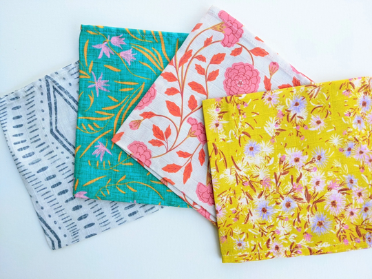 Organic Cotton Napkin Set - Of Four Colorful Napkins Made From Sustainably-Printed Organic Cotton Gauze. Turquoise, Pink, Yellow