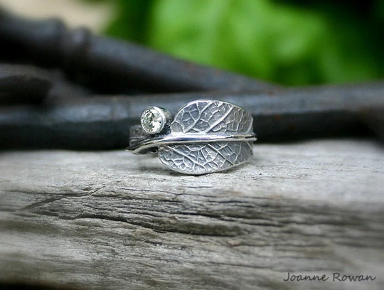 Sage Leaf Ring With Cubic Zirconia, Ethical Engagement Ring, Recycled Sterling Silver, Diamond Alternative Wedding
