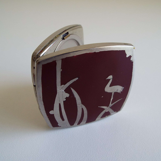 Vintage Art Deco Stratton's Self Compressing Powder Compact Chrome & Plum Enamel Bulrushes & Bird Design