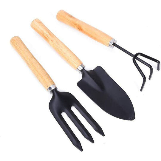 Kartokner - Mini Garden Tools Set of 3, Succulent Plants Tools Wood Handle Rake, Fork and Shovel, Garden Hand Transplanting Gardening Tools Set for