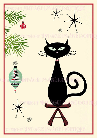 Kitschy Mid Century Style Illustration Of A Black Cat Beside Tree & Ornaments Christmas Seasonal Winter Solstice Holiday 5x7 Greeting Card