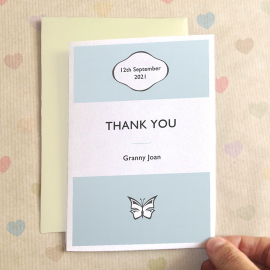 Personalised Stripe Thank You Card, Orange/Powder Blue/Blue