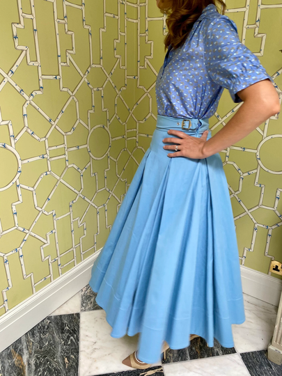 Temperley London Powder Blue 1950S Style Midi Skirt With Silver Belt Detailing