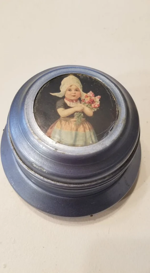 Vintage Retro Boho Mid Century Mcm Wind Up Musical Women's Ladies' Metal Tin Delft Powder Box/Holder Danish, Dutch, Holland Little Girl