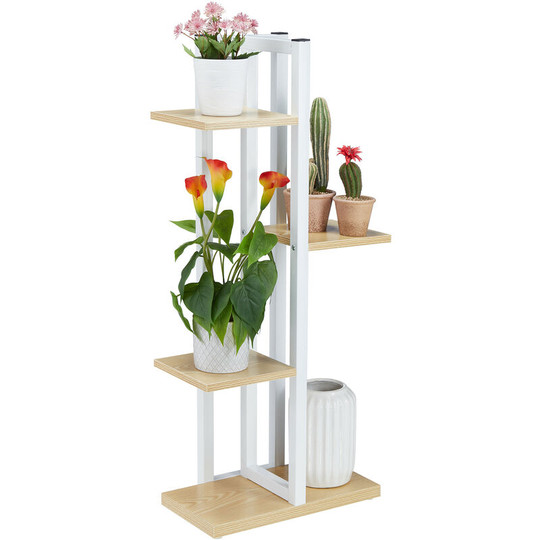 White Metal Flower Stand, 4-Tier Indoor Pot Shelf, Wooden Look, 93 x 42.5 x 22.5 cm, Plant Rack, Light Brown - Relaxdays