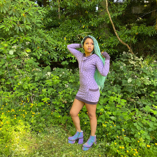 The Portal Dress - Organic Cotton Purple Cowl Hooded/Sacred Geometry Festival Geometric Natural Hoodie Dance