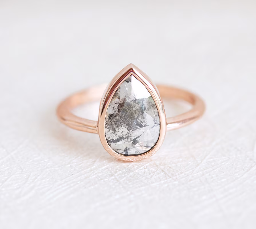 Salt & Pepper Diamond Ring, Grey Rose Cut Pear Gold Engagement Ring With Diamond, 14K Rose Gold