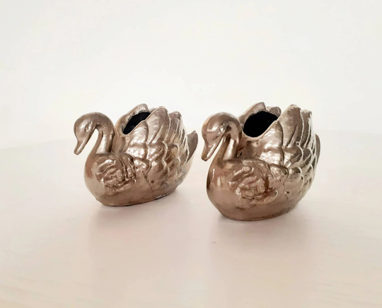 Vintage Pair Of Nickel Plated Swan Salt Cellars