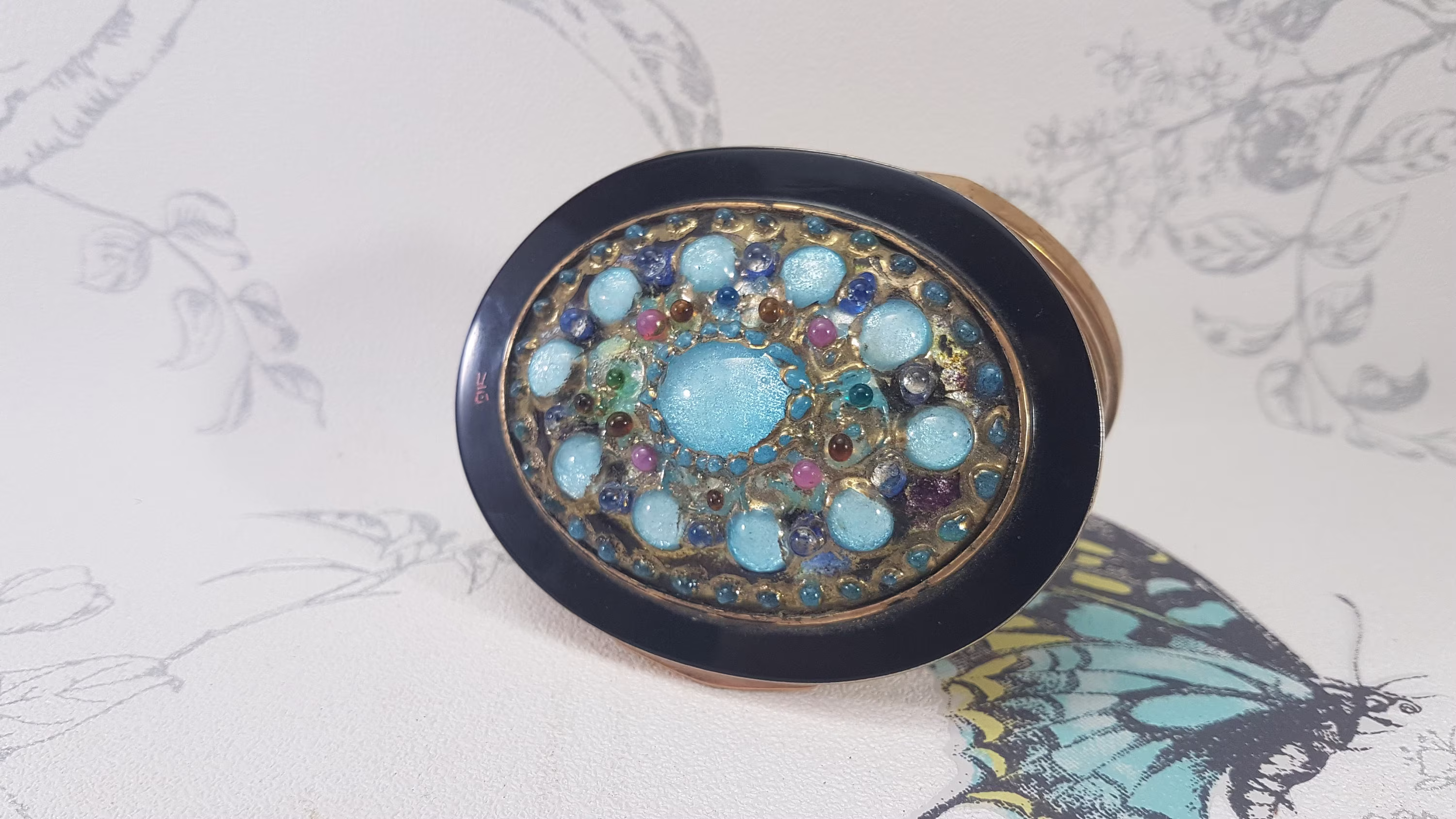 Vintage Jewelled Oval Compact Mirror, Art Deco Powder Compact, One Of A Kind Collectable