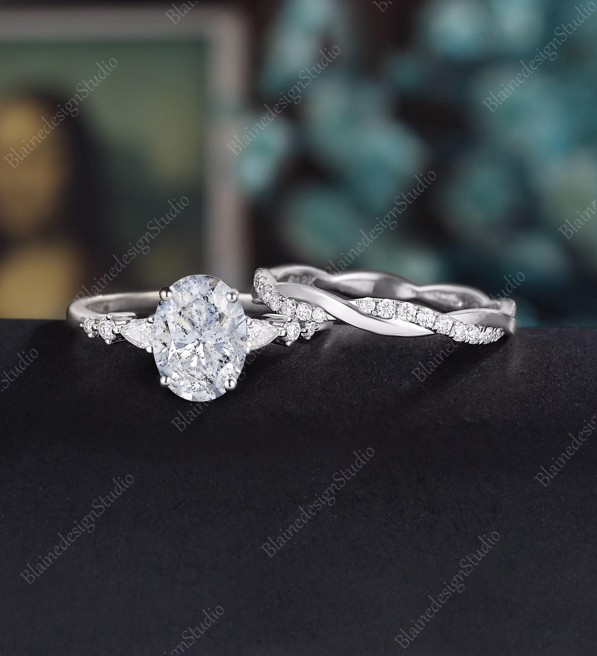 Vintage Oval Salt & Pepper Moissanite Engagement Ring Set White Gold Cluster Pear Shaped Diamond Twisted Band Anniversary Gift For Her